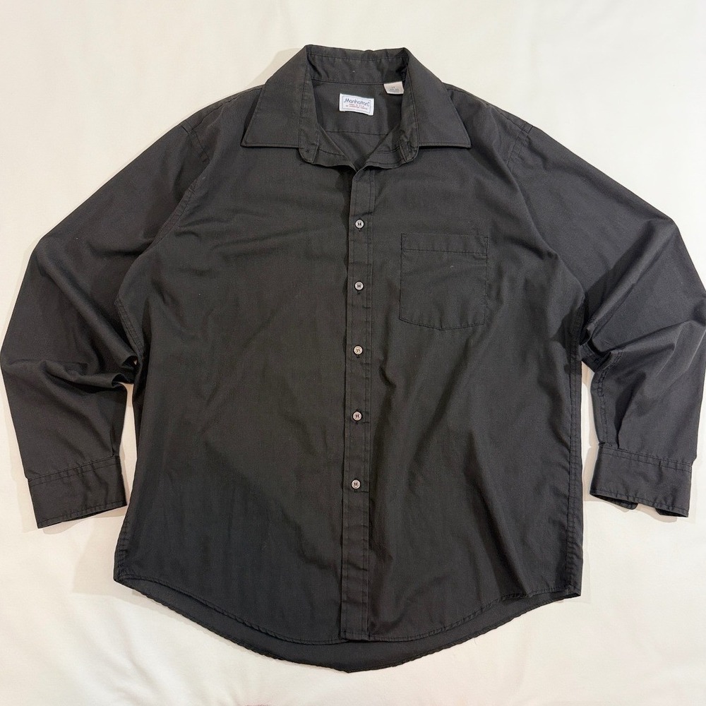 Manhattan Button Down Shirt Men 17 34-35 Black Good Long Sleeve Pocket USA